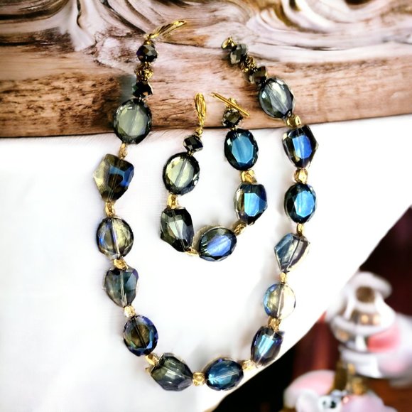 Cobalt Blue Statement Necklace & Bracelet Iridescent Faceted Glass Bead Jewelry - Picture 5 of 9